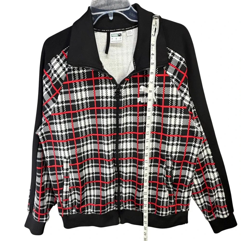 Puma Mens L Plaid Track Jacket Black Red Full Zip French Terry Retro Streetwear